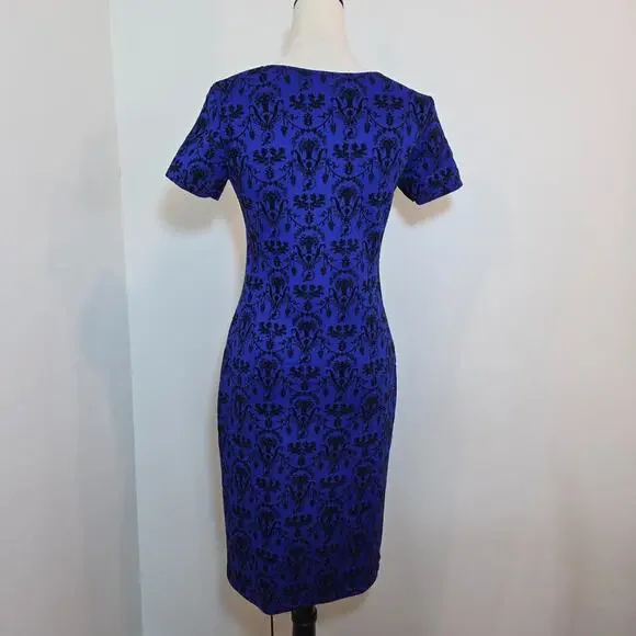 Vintage Royal Blue Black Velvet Flocked Damask Regencycore Dress Bodycon SZ S - Picture 4 of 6